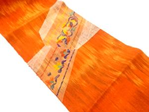 手織り紬変わり横段に唐草・草花模様織出し名古屋帯